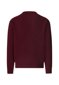 Pull en maille bordeaux, manches longues, col rond, bords-côtes aux poignets et à l'ourlet, tissu texturé, design simple, sans motifs ni accessoires visibles.