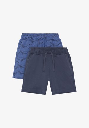 Zwei Short-Paare: eines in Blau mit Wal-Print und eines in einfarbig dunklem Marineblau. Beide verfügen über einen elastischen Bund und einen Kordelzug.