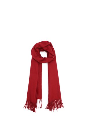 Sciarpa rossa, con texture e bordi frangiati, realizzata in morbido materiale, esposta in forma attorcigliata. La lunghezza consente uno stile versatile.