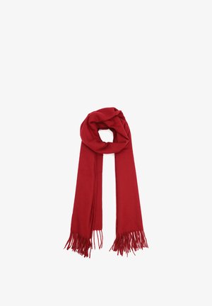 Sciarpa rossa, con texture e bordi frangiati, realizzata in morbido materiale, esposta in forma attorcigliata. La lunghezza consente uno stile versatile.