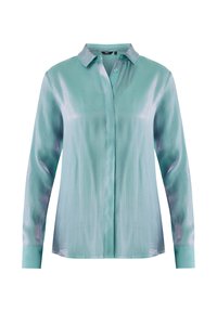 Licht groene blouse met een zachte glans, lange mouwen en een kraag. Beschikt over een knoopsluiting aan de voorkant en een gladde, textuurachtige stof.