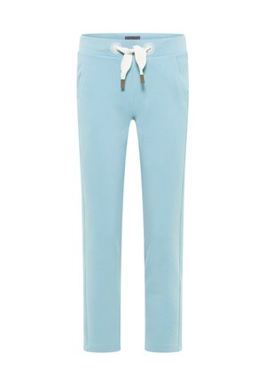 Light blue sweatpants made of soft fabric, featuring a drawstring waist with cream-colored ties and side pockets. Simple design, straight cut.