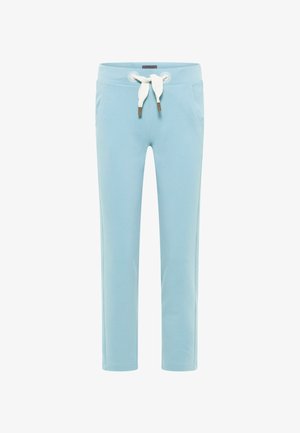 Light blue sweatpants made of soft fabric, featuring a drawstring waist with cream-colored ties and side pockets. Simple design, straight cut.