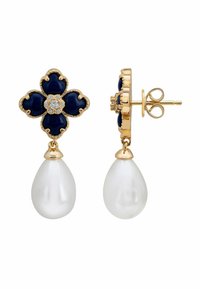 Gold-tone earrings feature a navy blue floral design adorned with a central crystal and a white teardrop pearl dangling below.