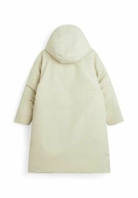 Ljusbeige vadderad jacka med huva, med långa ärmar och rak skärning. Tyget har en slät, matt yta.