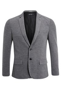 Harmaa bleiseri, jossa on lovitettu kaulus, kaksi nappia ja kaksi etutaskua. Valmistettu teksturoidusta kankaasta, jossa on sileä vuori.