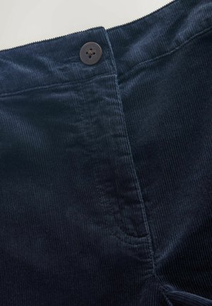 Material bleumarin din catifea cu dungi verticale, având o închizătoare cu nasture maro la talie și o cusătură decorativă.