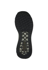 Black rubber shoe sole featuring a textured grip with circular and hexagonal patterns. Smooth center section with a semi-transparent panel.