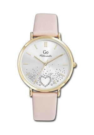 Montre en quartz dorée avec un cadran argenté, des accents en cristal formant un motif en cœur, et un bracelet en cuir rose clair. Design minimaliste.