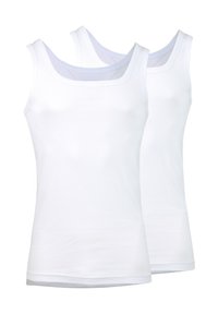 Deux débardeurs en coton blanc avec un col rond et de larges bretelles, au texture lisse et sans motifs visibles.