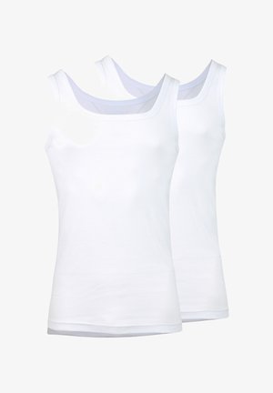 Deux débardeurs en coton blanc avec un col rond et de larges bretelles, au texture lisse et sans motifs visibles.