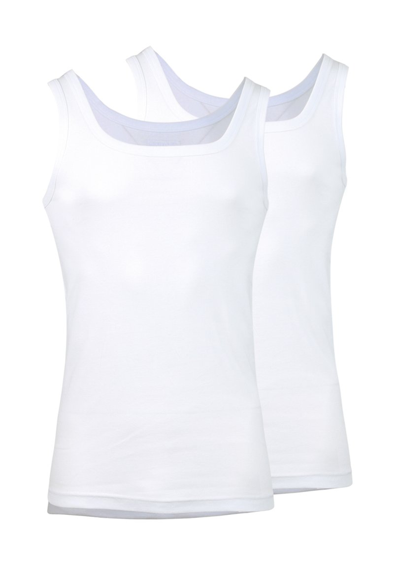 Deux débardeurs en coton blanc avec un col rond et de larges bretelles, au texture lisse et sans motifs visibles.