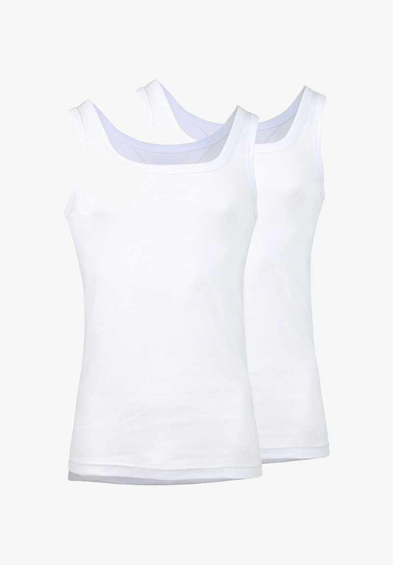 Deux débardeurs en coton blanc avec un col rond et de larges bretelles, au texture lisse et sans motifs visibles.