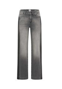 Grå denim jeans med bred benprofil, der har lys falming i midten og mørkere sidepaneler. Klassisk fem-lomme design og bæltestropper.