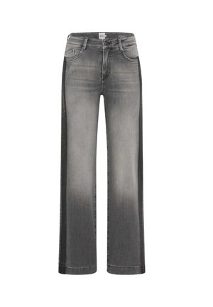Graue Denim-Jeans mit weitem Bein, die in der Mitte leicht ausgebleicht sind und dunklere Seitenpaneele aufweisen. Klassisches Fünf-Taschen-Design und Gürtelschlaufen.
