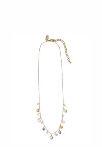 Gold chain necklace featuring multi-colored drop-shaped gemstones and small pearls, intricate design with adjustable clasp for length.