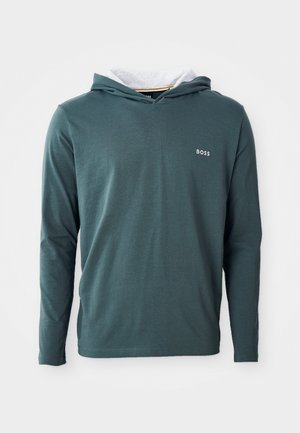 Hoodie mit langen Ärmeln aus dunkelblauem Stoff. Verfügt über eine hellgraue Innenkapuze und ein kleines weißes "BOSS"-Logo auf der Brust.