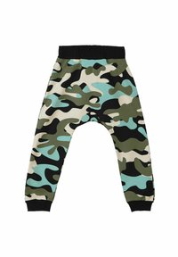 Cargohosen im Camouflage-Muster in Grüntönen, Schwarz und Hellblau, aus weichem Stoff, mit einem schwarzen elastischen Bund und Bündchen.