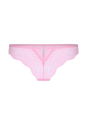 Rosa Spitzen-Damenunterwäsche im Bikini-Stil mit floralen Mustern und gewellten Rändern auf weißem Hintergrund.