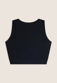 Top corto nero realizzato in tessuto elasticizzato. Presenta un collo rotondo e spalline larghe. Design pulito e minimalista senza decorazioni.