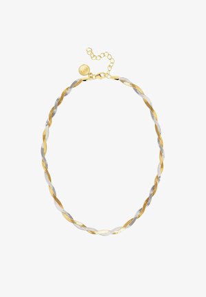 Collar retorcido que presenta hebras entrelazadas de oro y plata, con un cierre y cadena ajustable, que incluye un detalle de charm en forma de círculo.