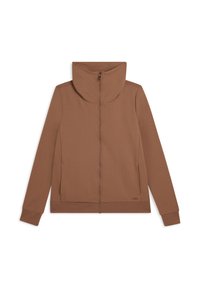 Giacca marrone con zip e colletto alto, tessuto strutturato sulla parte superiore e maniche lisce. Presenta una zip frontale e tasche laterali.