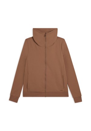 Giacca marrone con zip e colletto alto, tessuto strutturato sulla parte superiore e maniche lisce. Presenta una zip frontale e tasche laterali.