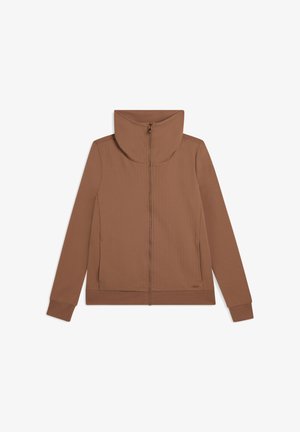 Giacca marrone con zip e colletto alto, tessuto strutturato sulla parte superiore e maniche lisce. Presenta una zip frontale e tasche laterali.