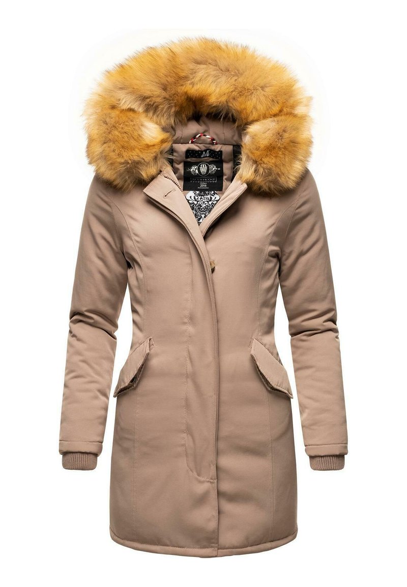 Beige winter coat with a faux fur hood, zip and button closure, side pockets, and patterned lining. Smooth fabric with ribbed cuffs.
