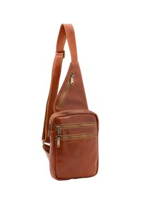 Borsa a tracolla in pelle marrone con più compartimenti con cerniera, texture liscia e tracolla regolabile. Design compatto, forma angolare.