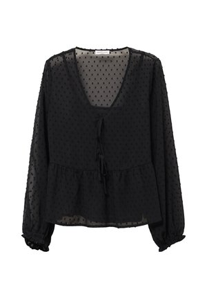 Zwarte doorschijnende blouse met een stippenstructuur, V-hals, strikdetail aan de voorkant, en lange pofmouwen met elastische manchetten. Peplumstijl aan de zoom.