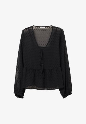 Schwarze durchsichtige Bluse mit gepunktetem Muster, V-Ausschnitt, Bindung vorne und langen Puffärmeln mit elastischen Bündchen. Peplum-Stil am Saum.