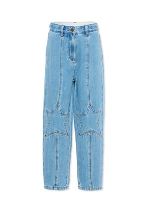 Jeans in denim azzurro chiaro a vita alta, con bottoni frontali e cuciture a forma di stella sulle ginocchia, su sfondo bianco.