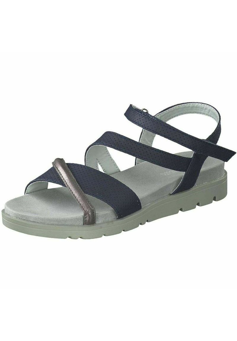 Sandales bleu marine avec des brides synthétiques perforées, accent métallique, semelle intérieure gris coussinée et semelle extérieure en caoutchouc vert clair.