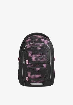 Sac à dos noir avec motif camouflage numérique rose, plusieurs compartiments zippés et bretelles rose à boucles sur le devant et les côtés.