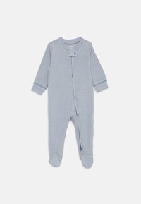 Gestreifter blauer Baby-Overall aus weichem Stoff, mit langen Ärmeln, rundem Halsausschnitt, Druckknopfverschluss und Fußteilen für zusätzliche Wärme.