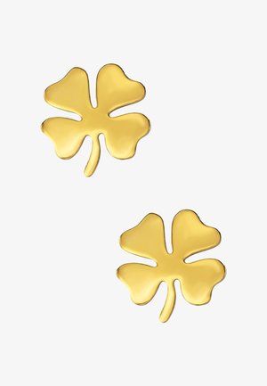 Ohrstecker in Goldoptik, geformt wie ein vierblättriges Kleeblatt, mit glatten, runden Blättern und einem dünnen Stiel, versehen mit einer polierten Metalloberfläche.