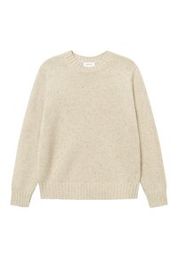 Sweter dzianinowy w jasnym beżu z okrągłym dekoltem, długimi rękawami, ściągaczami na mankietach i u dołu. Teksturowany wzór z drobnymi detalami w całej powierzchni.