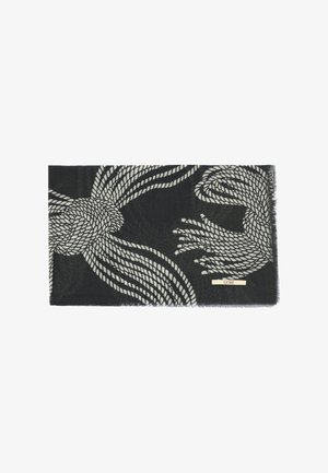 Schwarzer rechteckiger Schal mit einem cremefarbenen Seilmuster und kleinen Fransen an den Rändern, mit einem "GOBI"-Etikett an einer Ecke.