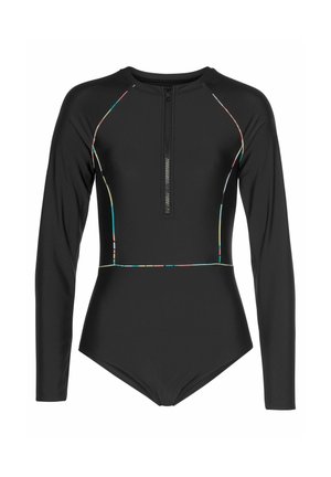 Black long-sleeve one-piece swimsuit with front zipper and thin multicolored accent lines along seams and waist.