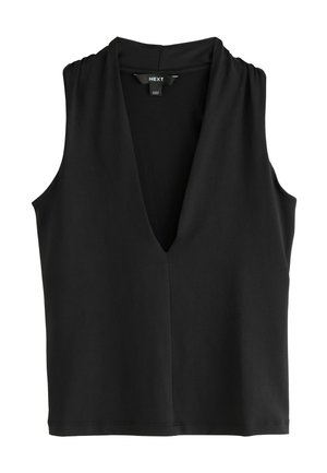 Fekete ujjatlan top mély V-nyakkivágással, puha anyagból készült. Finom ráncolás található a vállrészen és egyenes szegéllyel zárul.