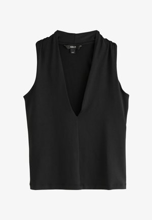 Czarny bezrękawnik z głębokim dekoltem w serek, wykonany z miękkiego materiału. Posiada delikatne marszczenia na ramionach oraz prosty dół.