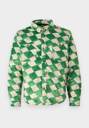 Green and cream plaid shirt made of a textured fabric. Features a collar, two chest pockets, and gold-tone buttons.