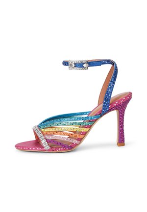 High-heeled sandal with multicolor glitter straps in rainbow order and a blue ankle strap with silver buckle decorated with rhinestones.