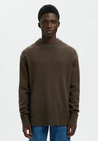 Giovane uomo che indossa un maglione di lana marrone e jeans blu, in piedi contro uno sfondo bianco semplice, rivolto in avanti.