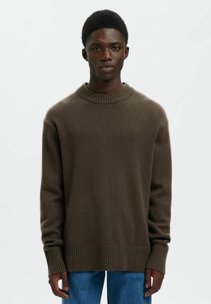 Giovane uomo che indossa un maglione di lana marrone e jeans blu, in piedi contro uno sfondo bianco semplice, rivolto in avanti.