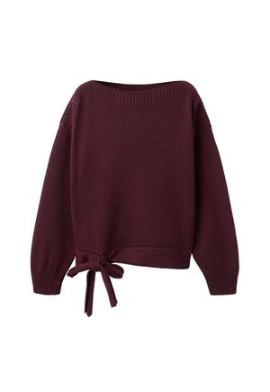 Burgundy long-sleeve knit sweater with boat neckline and a side tie knot at the hem.