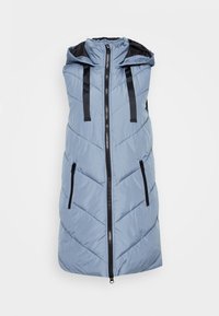 Ärmellose, gesteppte, hellblaue Kapuzenjacke mit Frontreißverschluss und zwei vertikalen, mit Reißverschluss versehenen Taschen.