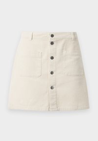 Beige kordfløyels mini skjørt med knappelukking foran, to store påsydde lommer og beltestropper i midjen.