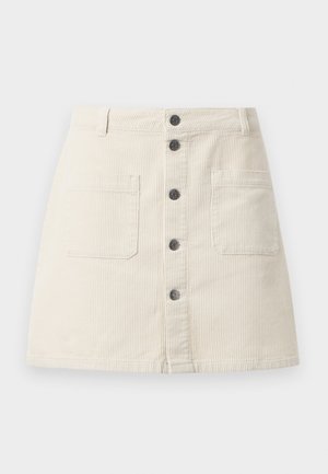 Beige corduroy mini skirt with front button closure, two large patch pockets, and belt loops at the waistband.
